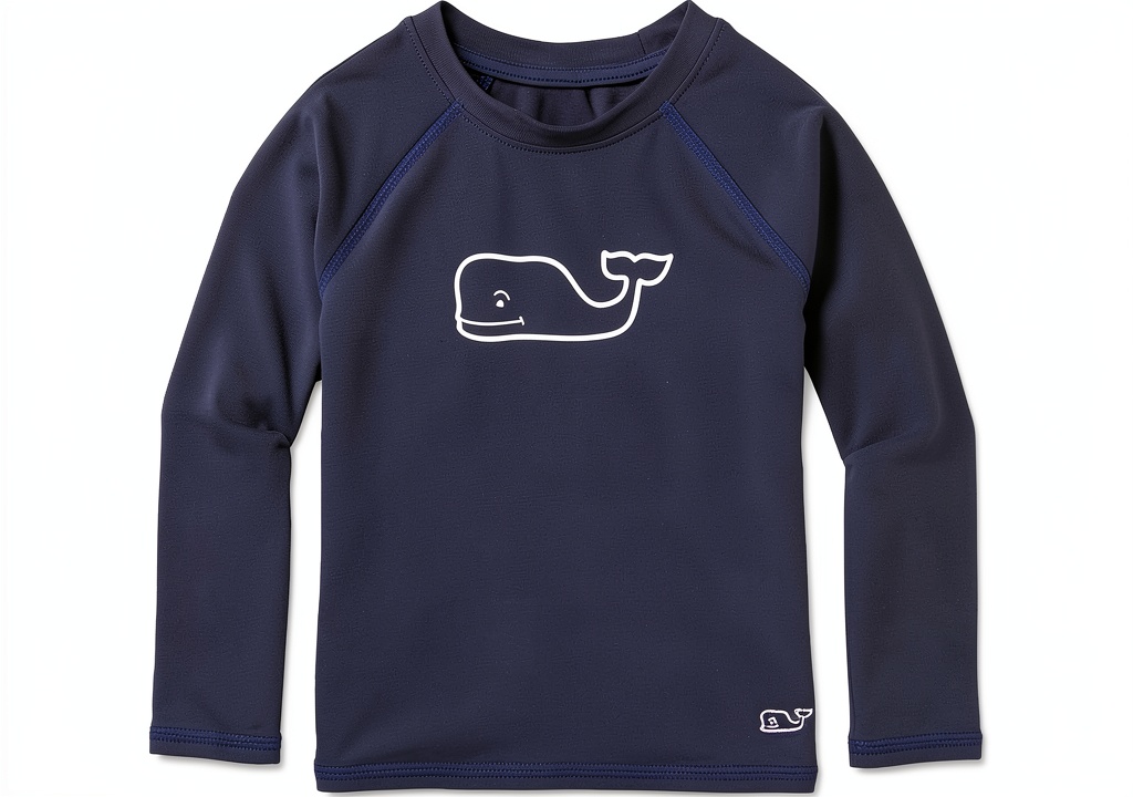 Baby boy wearing Vineyard Vines quick‑dry rash guard shirt beside a pool ladder