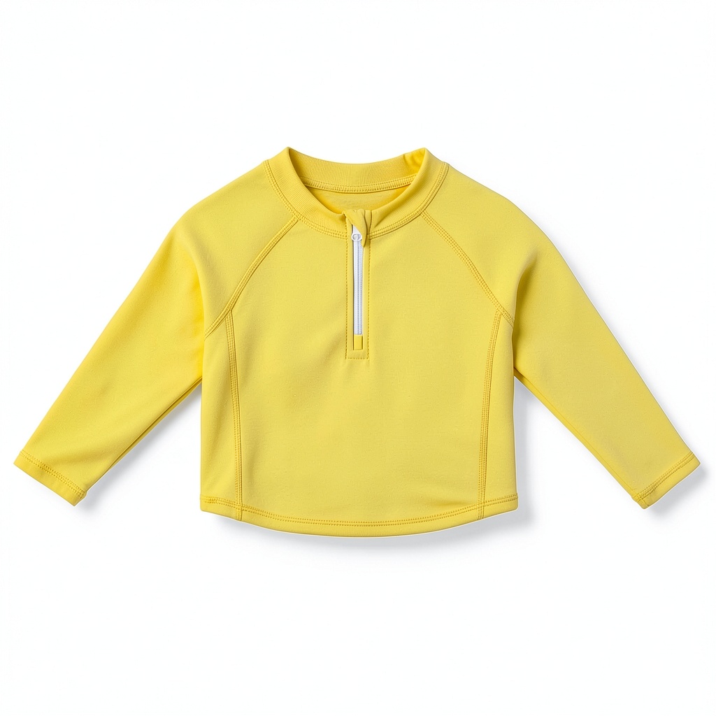KidFit Baby Boys Sun Rash Guard Half Zip Dark Blue being put on a toddler at a sunny beach